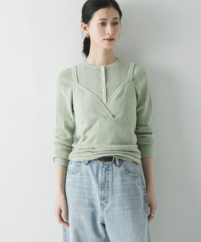 圖案Mesh 亨利領 針織上衣