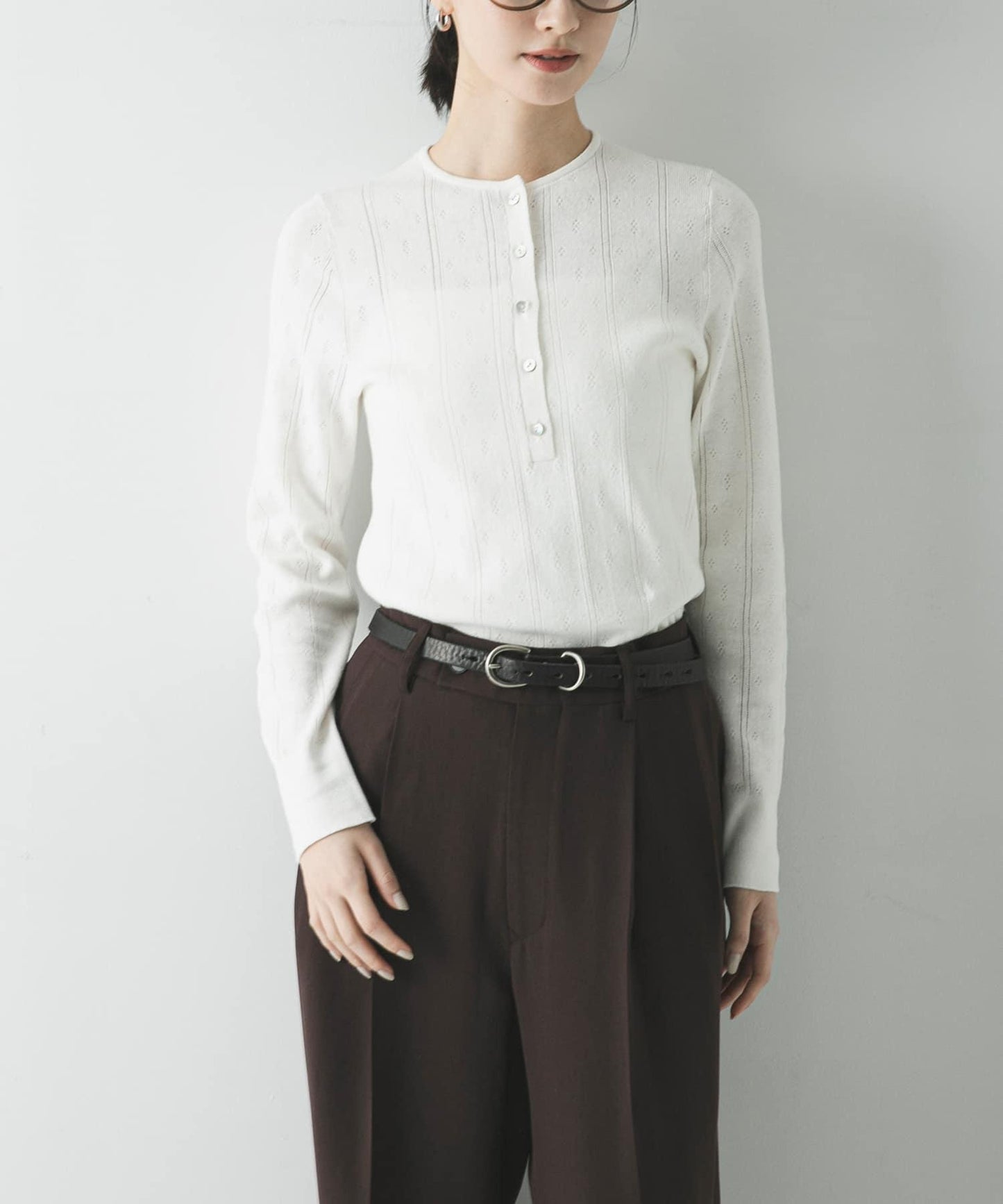 圖案Mesh 亨利領 針織上衣