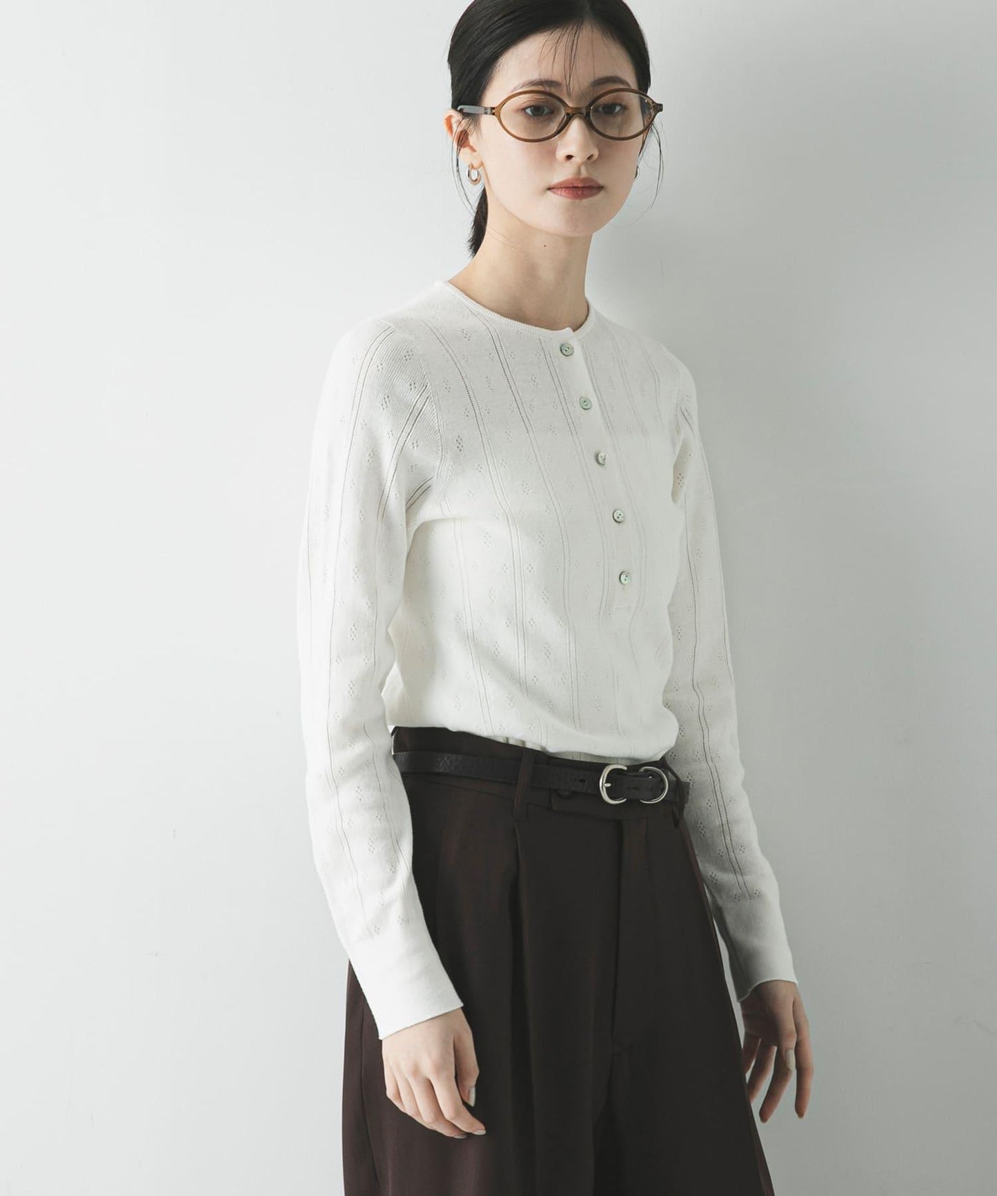 圖案Mesh 亨利領 針織上衣