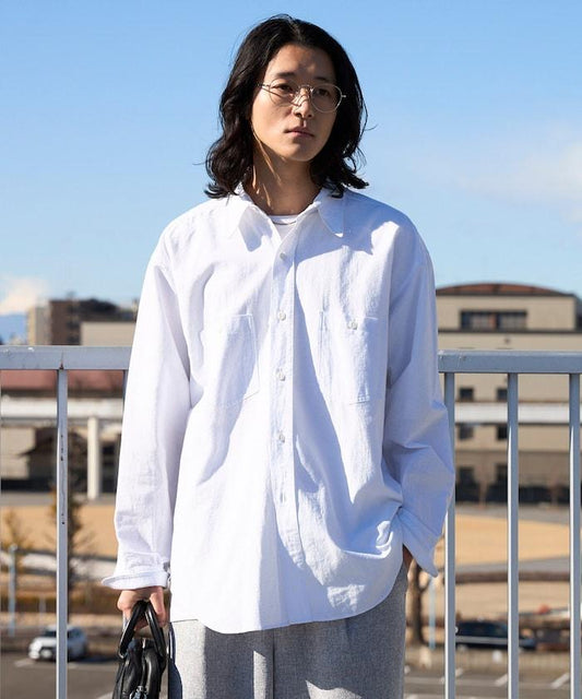 經典風格 寬鬆 標準領 長袖 尚佈雷面料 襯衫