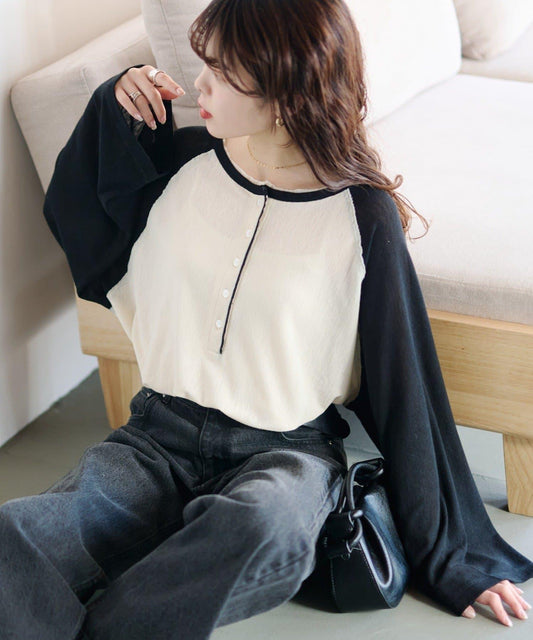 2WAY透膚插肩亨利領T恤