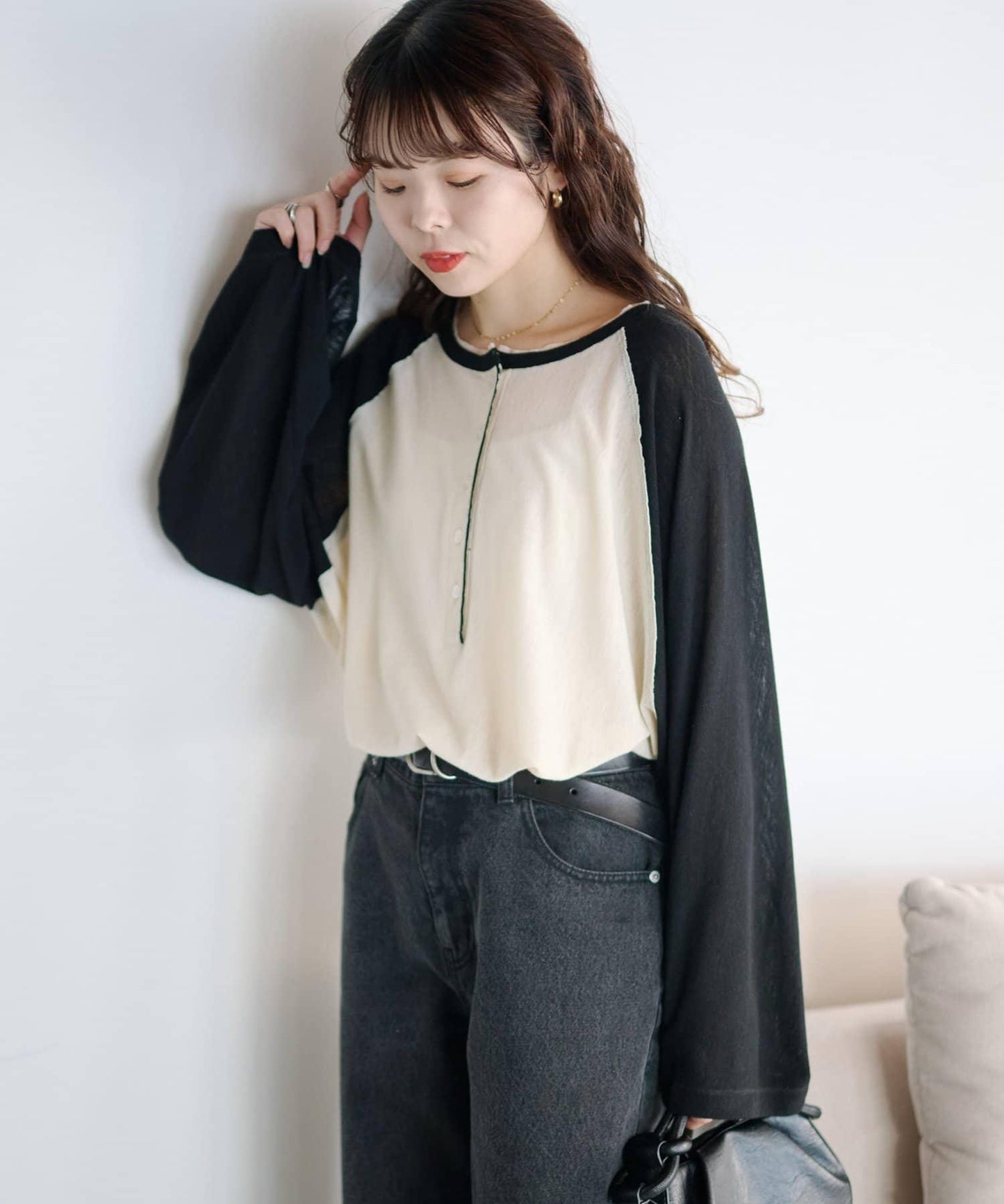 2WAY透膚插肩亨利領T恤