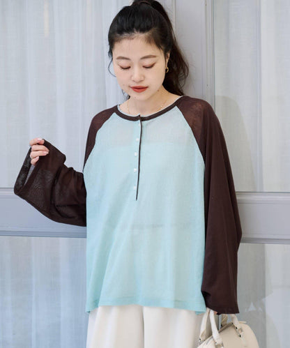 2WAY透膚插肩亨利領T恤