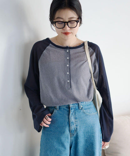 2WAY透膚插肩亨利領T恤