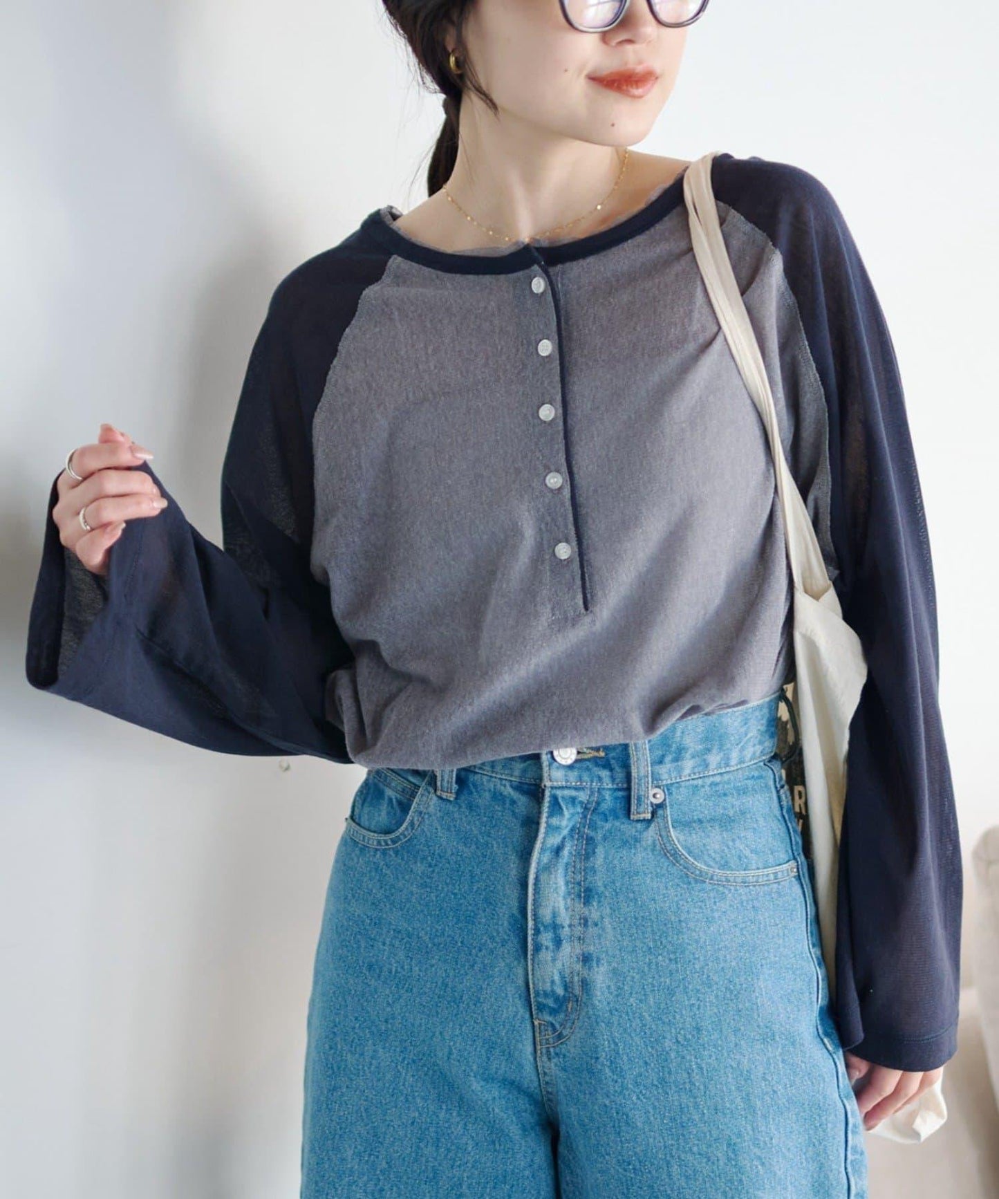 2WAY透膚插肩亨利領T恤