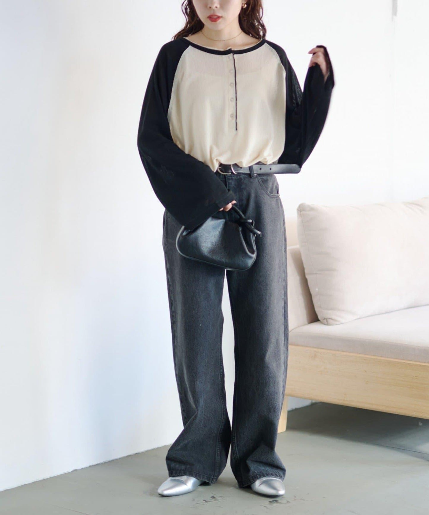 2WAY透膚插肩亨利領T恤