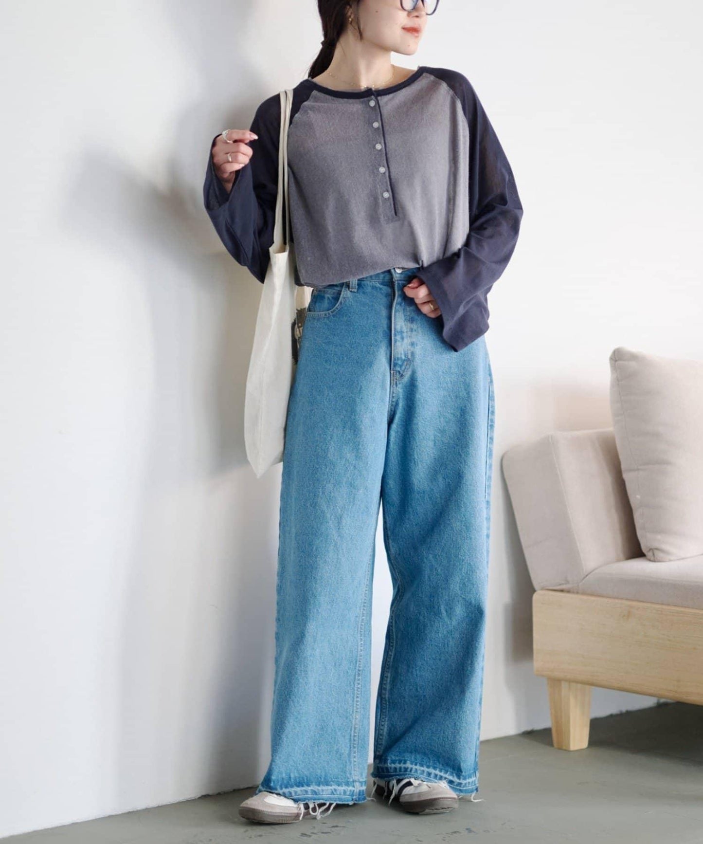 2WAY透膚插肩亨利領T恤