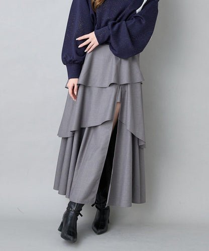 層疊設計＋後繫帶＋開叉＋長款半身裙