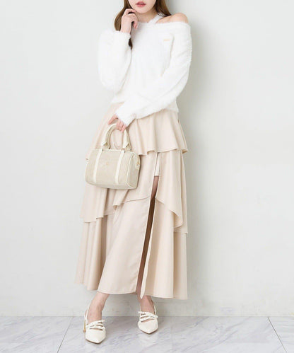 層疊設計＋後繫帶＋開叉＋長款半身裙