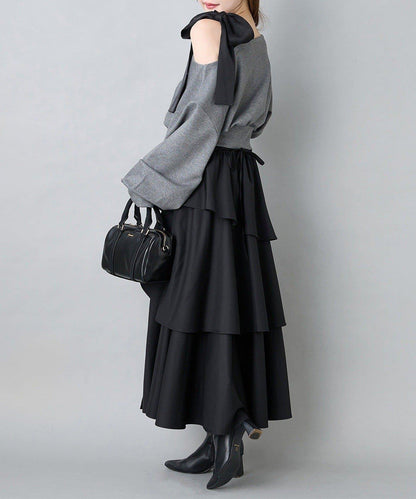 層疊設計＋後繫帶＋開叉＋長款半身裙