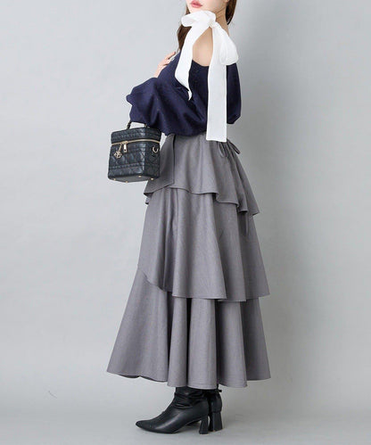 層疊設計＋後繫帶＋開叉＋長款半身裙
