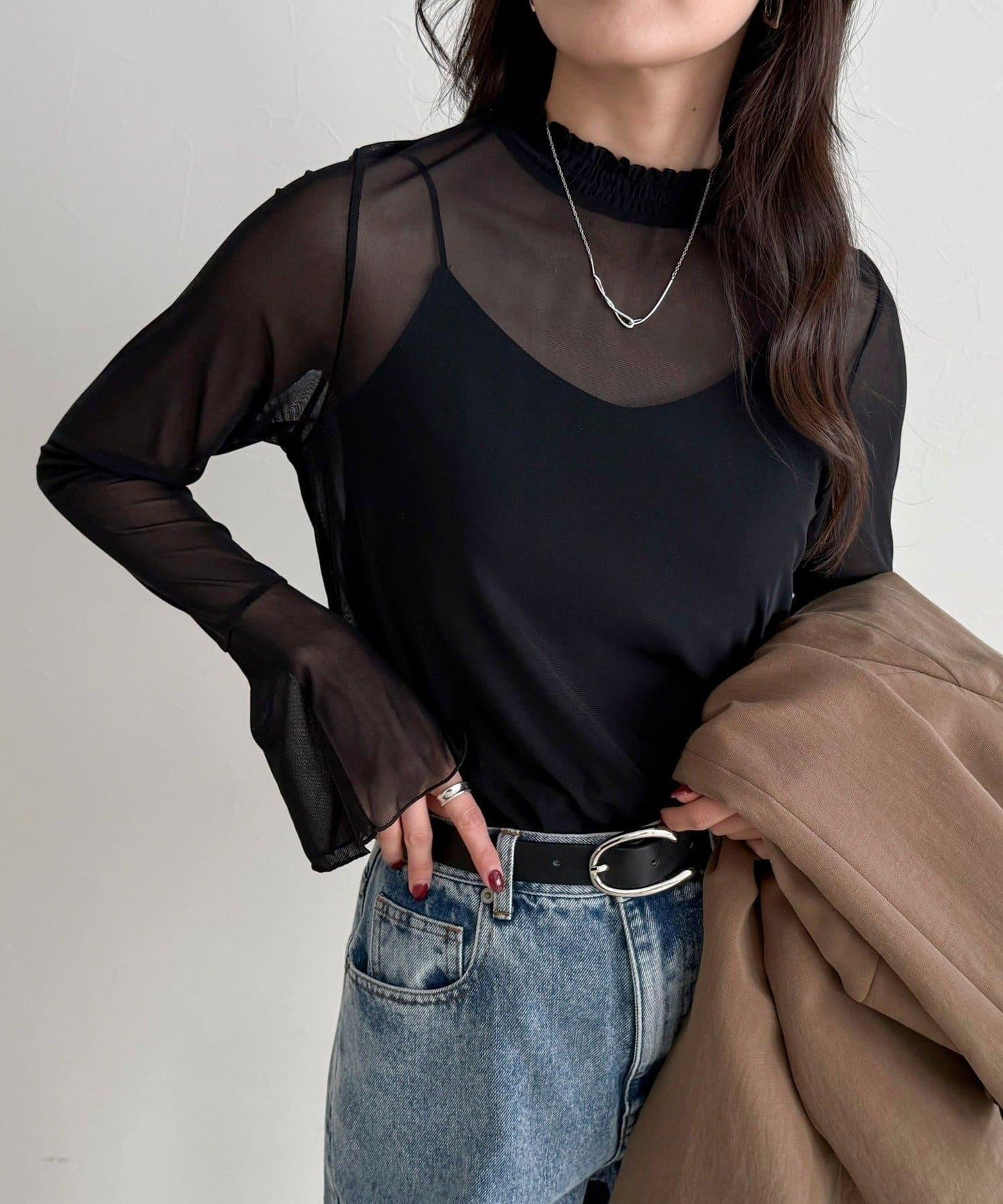 喇叭袖 透紗網紗 套頭上衣