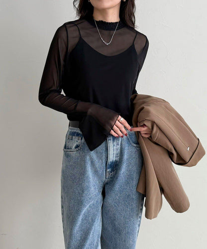 喇叭袖 透紗網紗 套頭上衣