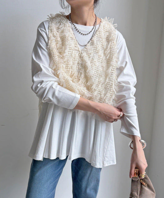 絲帶紗背心 × 傘擺套頭衫套裝