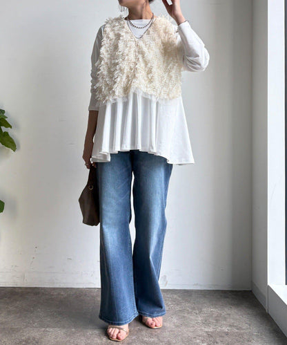 絲帶紗背心 × 傘擺套頭衫套裝