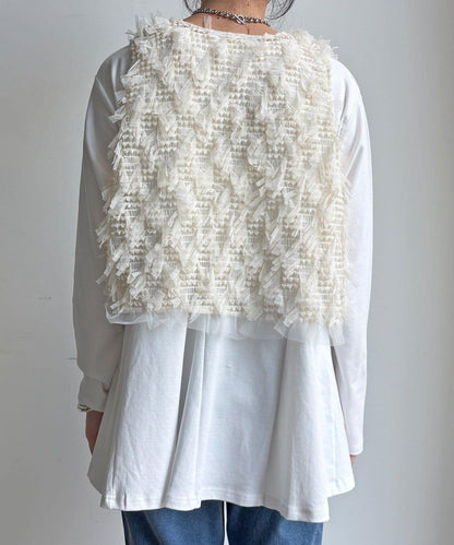 絲帶紗背心 × 傘擺套頭衫套裝