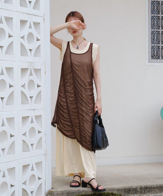 Kastane 薄紗抽褶連衣裙套裝