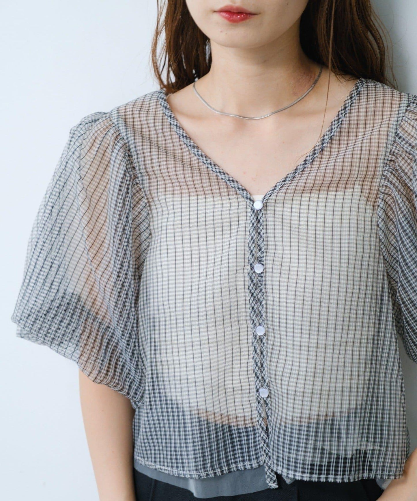 網紗格紋泡泡袖襯衫