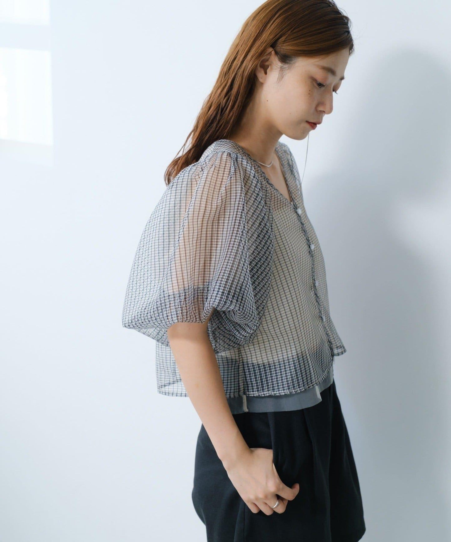 網紗格紋泡泡袖襯衫