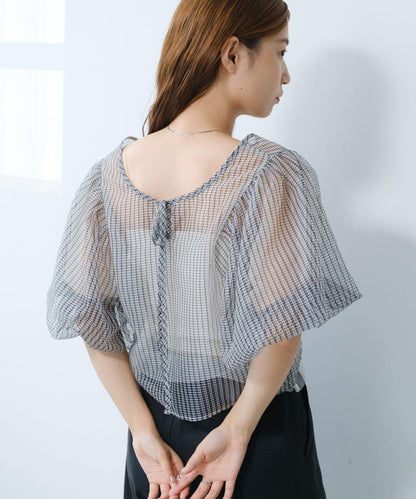 網紗格紋泡泡袖襯衫