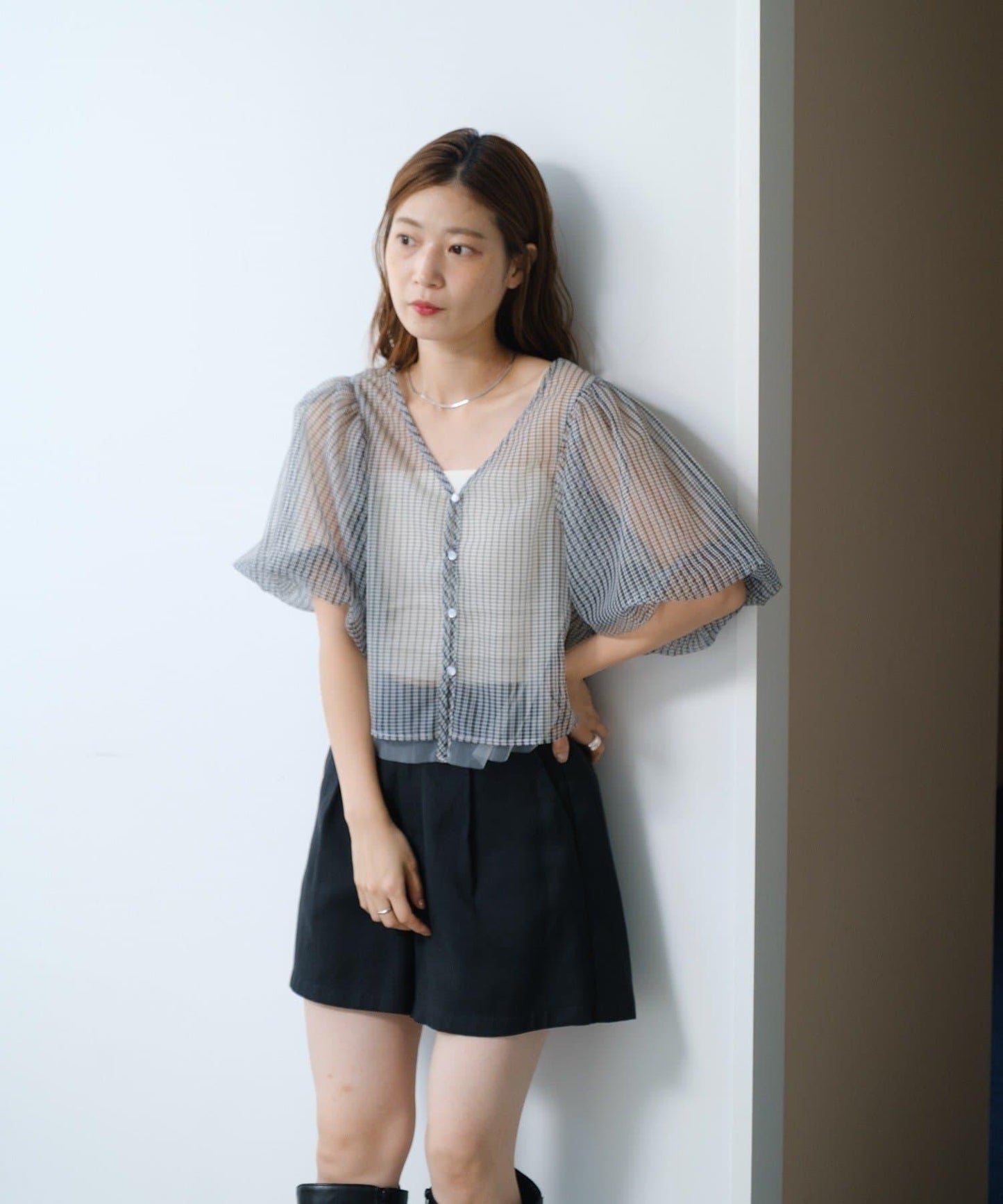 網紗格紋泡泡袖襯衫