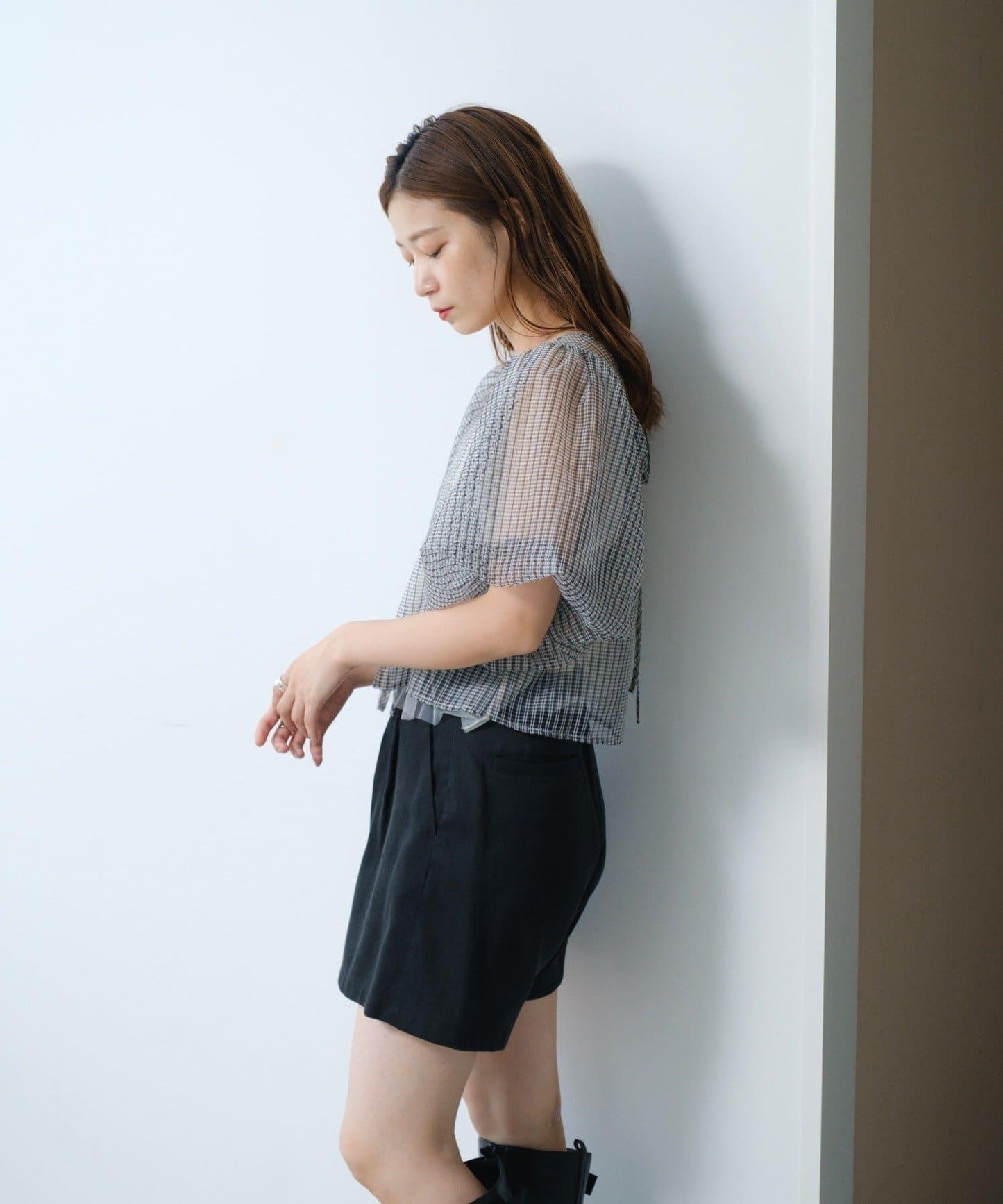 網紗格紋泡泡袖襯衫