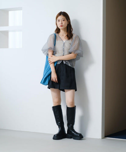 網紗格紋泡泡袖襯衫