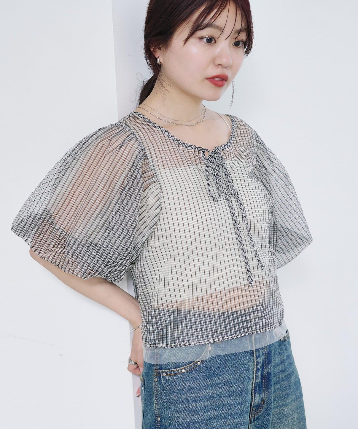 網紗格紋泡泡袖襯衫