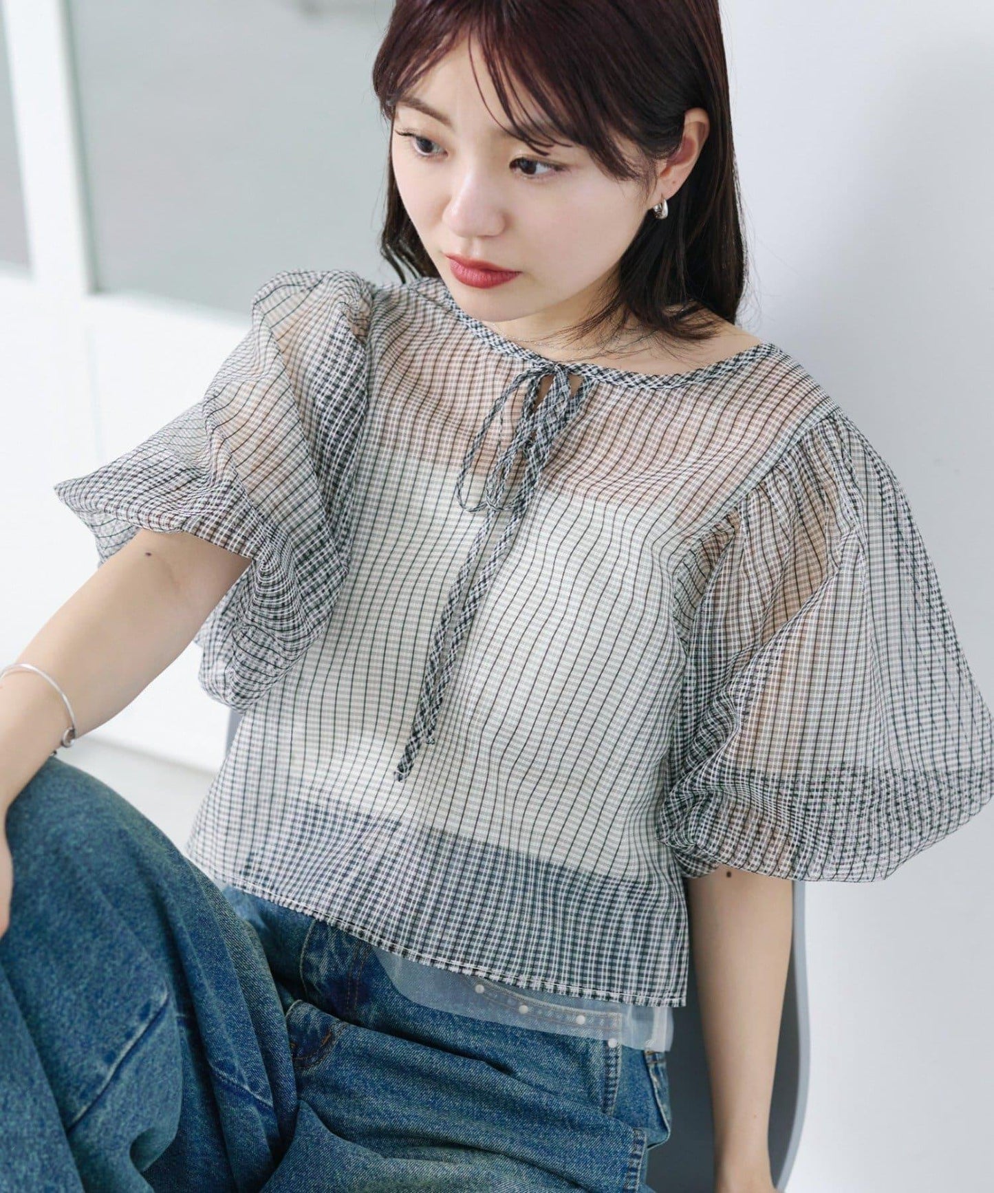 網紗格紋泡泡袖襯衫