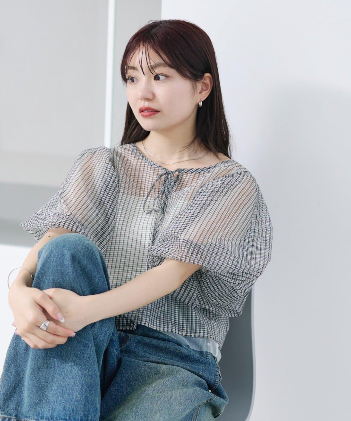 網紗格紋泡泡袖襯衫