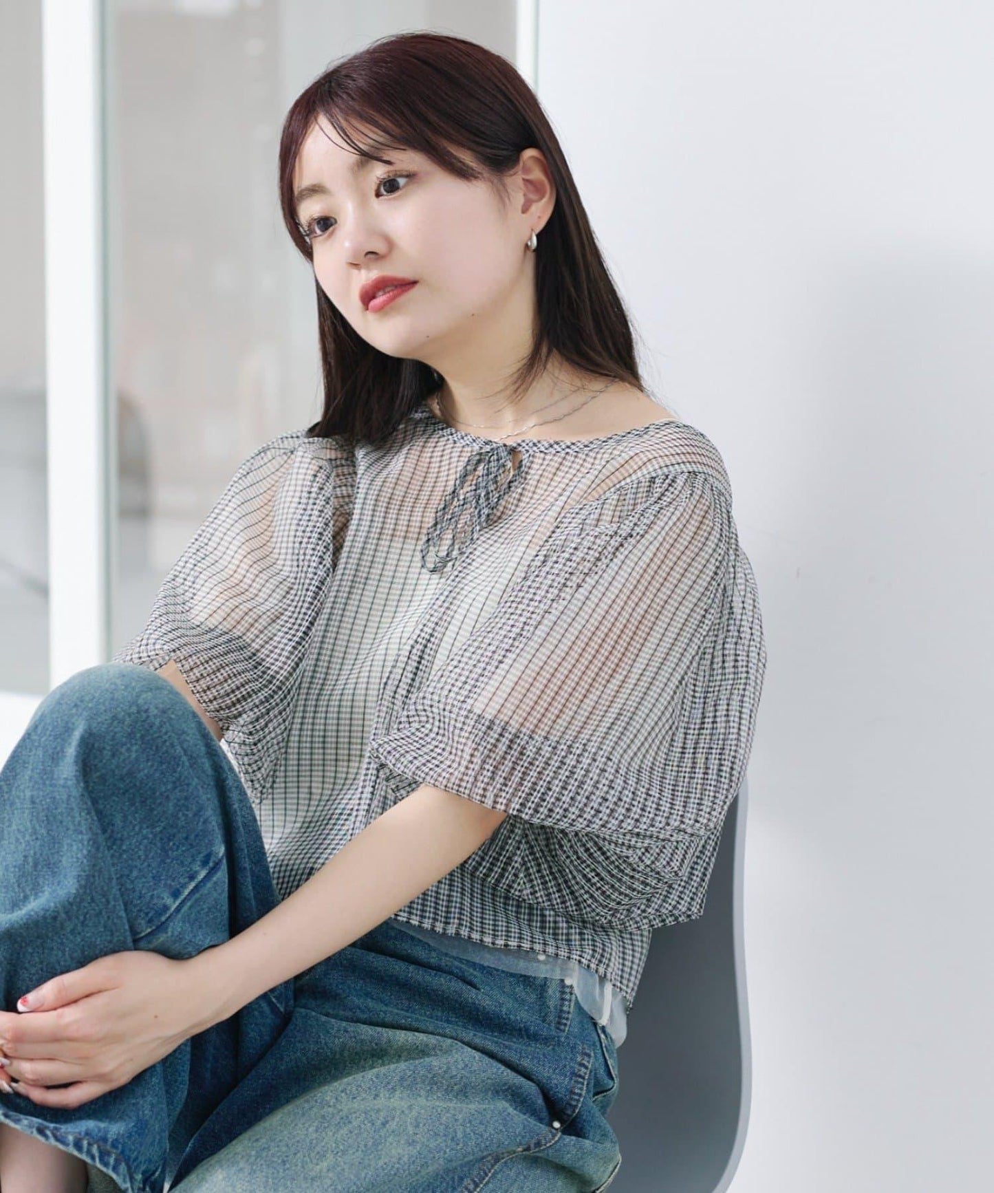 網紗格紋泡泡袖襯衫