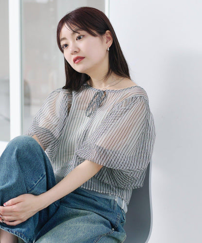 網紗格紋泡泡袖襯衫