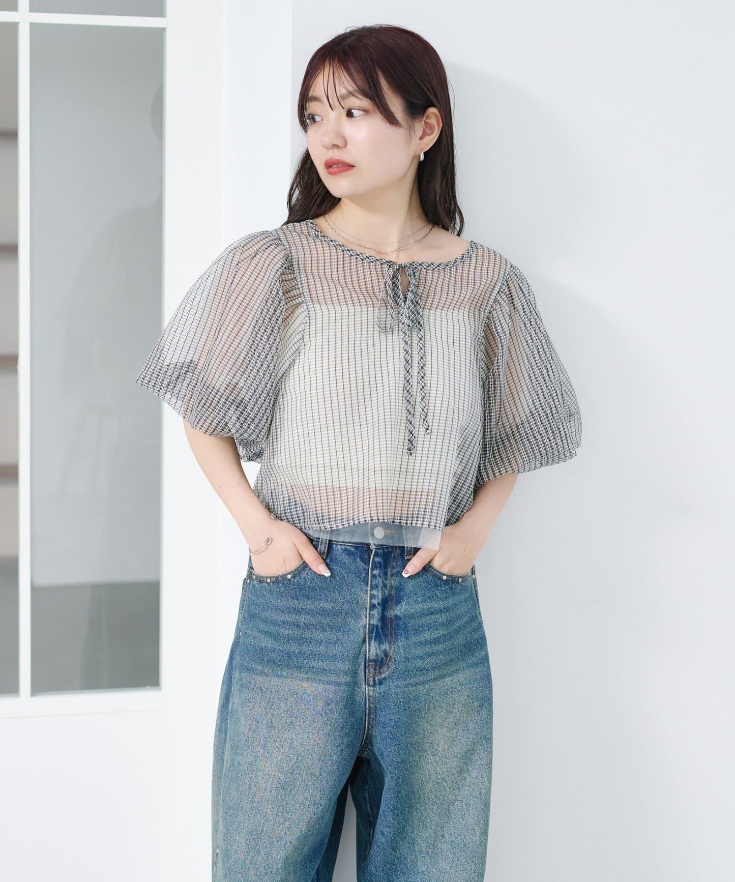 網紗格紋泡泡袖襯衫