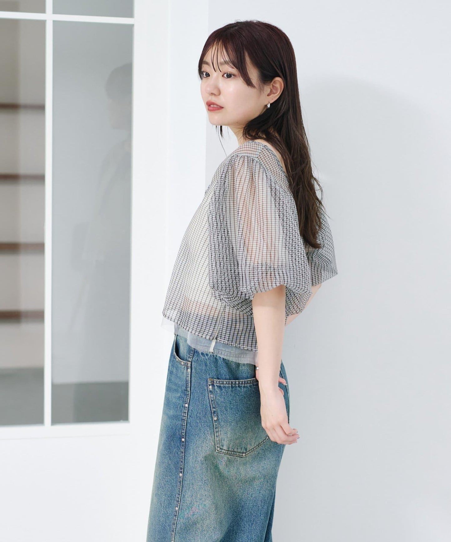 網紗格紋泡泡袖襯衫