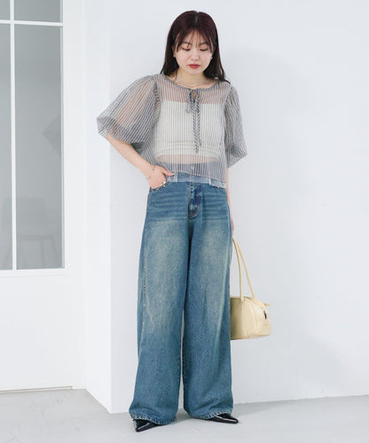 網紗格紋泡泡袖襯衫