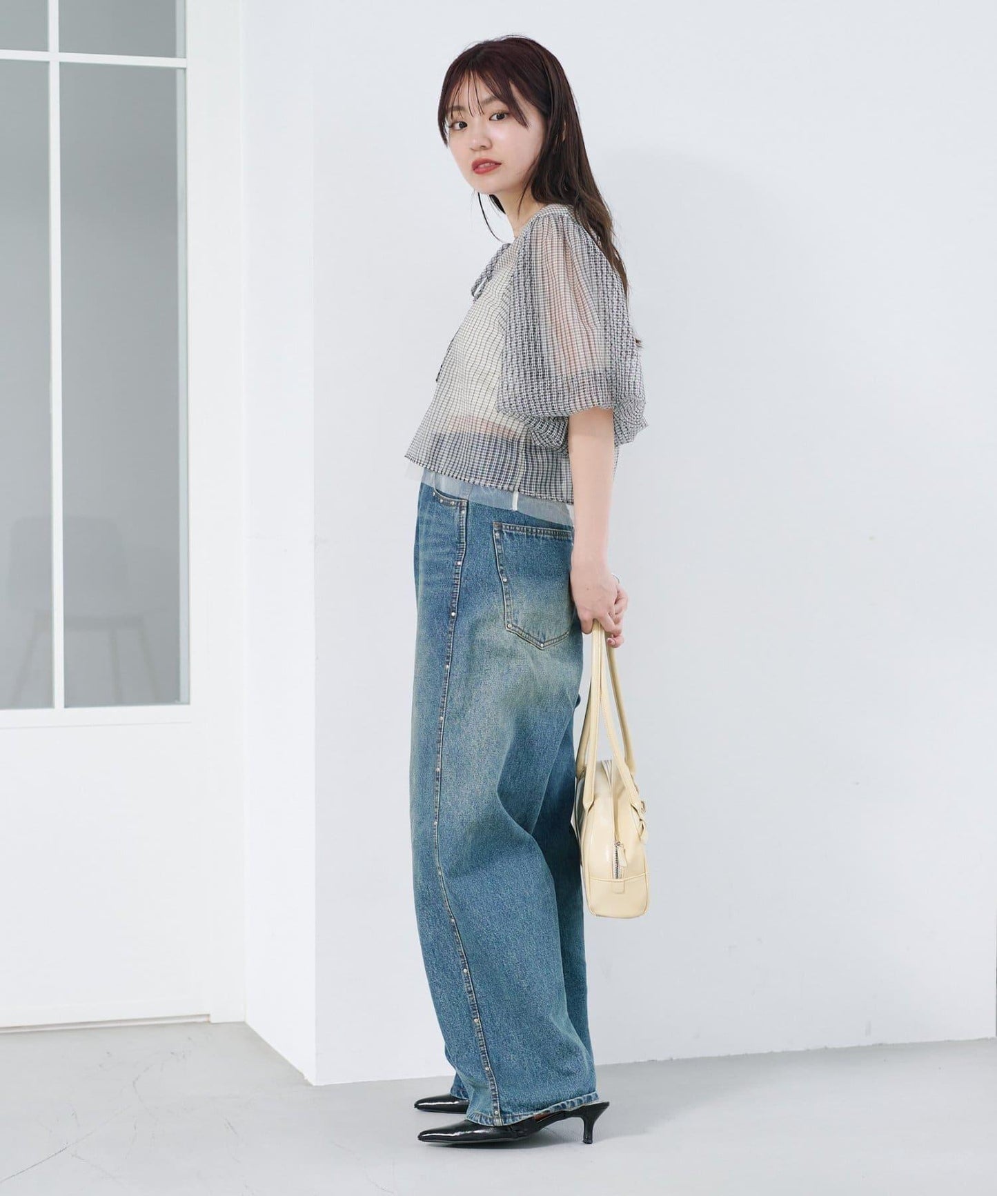 網紗格紋泡泡袖襯衫