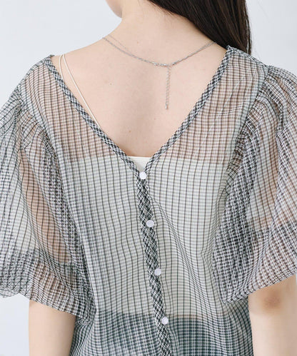 網紗格紋泡泡袖襯衫