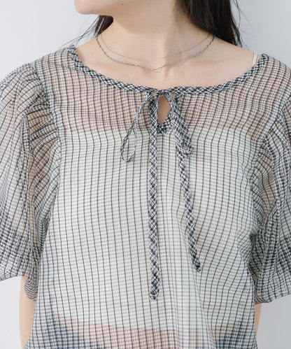 網紗格紋泡泡袖襯衫