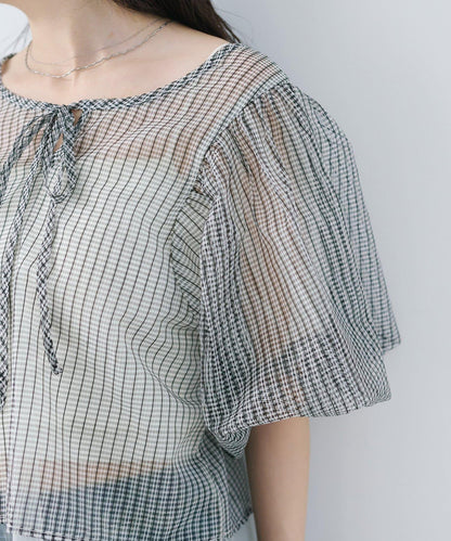 網紗格紋泡泡袖襯衫