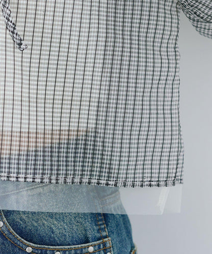 網紗格紋泡泡袖襯衫