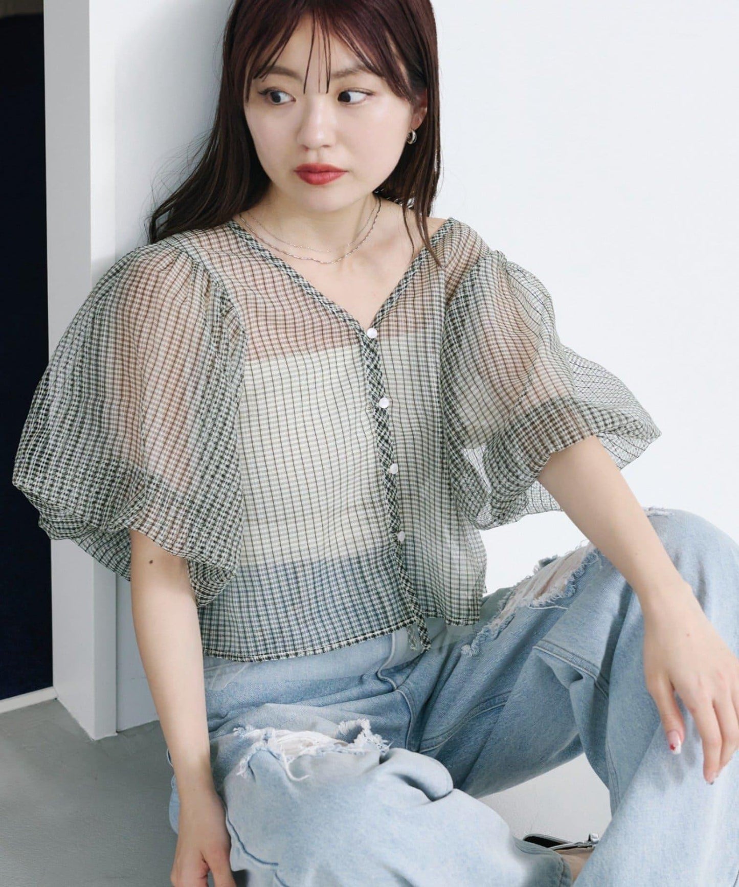 網紗格紋泡泡袖襯衫