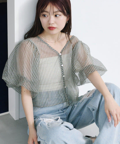 網紗格紋泡泡袖襯衫