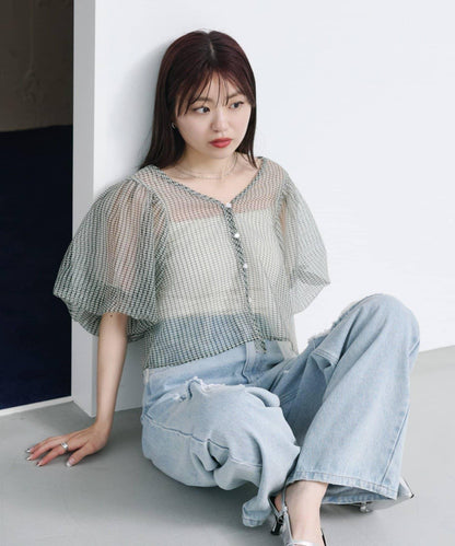 網紗格紋泡泡袖襯衫
