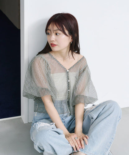 網紗格紋泡泡袖襯衫