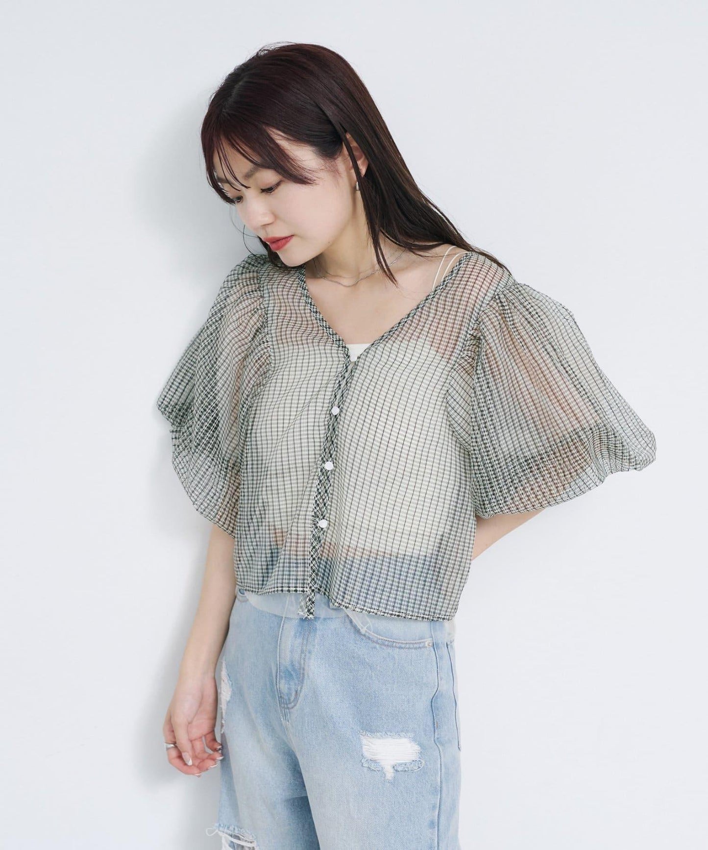 網紗格紋泡泡袖襯衫