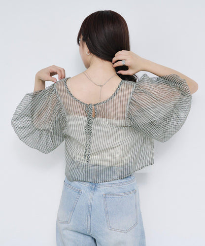 網紗格紋泡泡袖襯衫