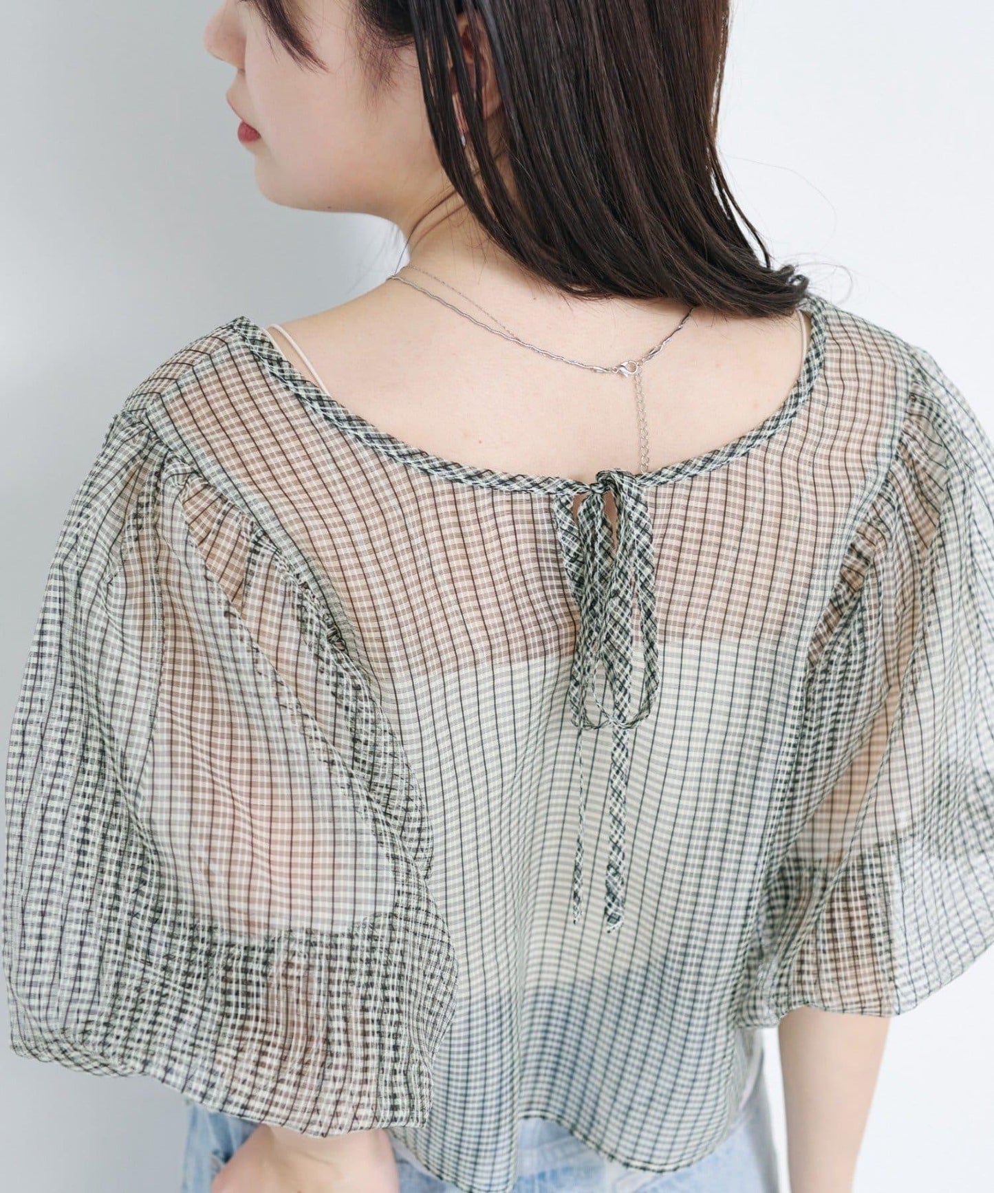 網紗格紋泡泡袖襯衫