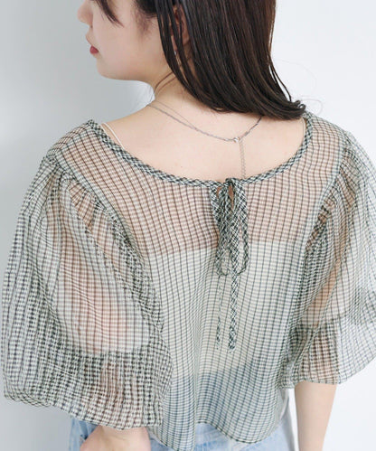 網紗格紋泡泡袖襯衫