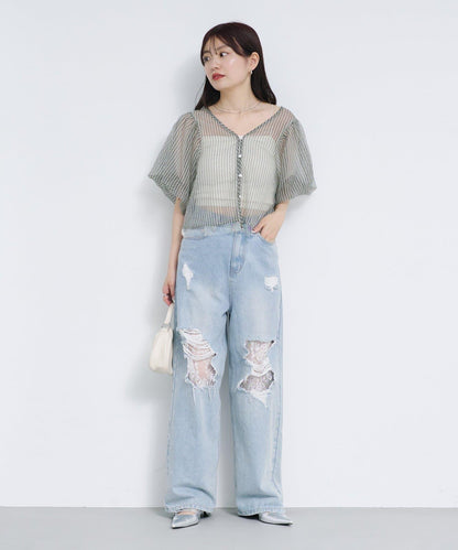 網紗格紋泡泡袖襯衫