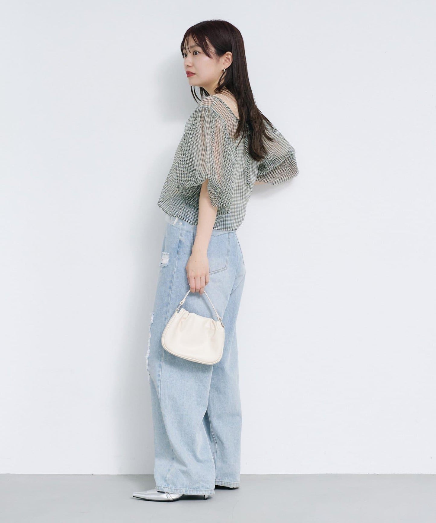 網紗格紋泡泡袖襯衫